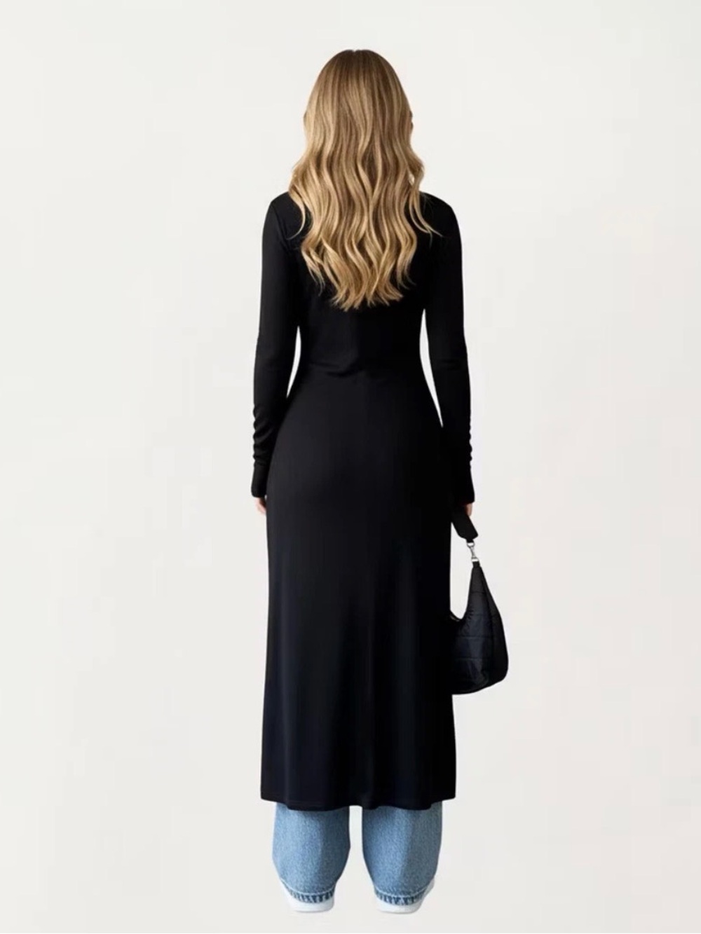 Long Black Maxi Button-Front Ribbed Cardigan - Picture 2 of 6